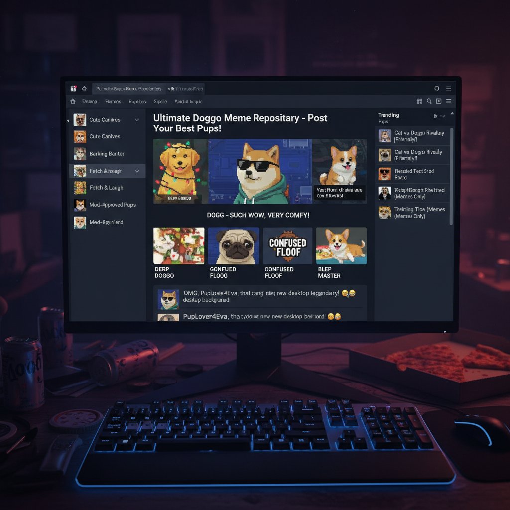 Społeczność online wokół gier pies symulator życia, kolaż memów i wątków forumowych, gracze dzielą się doświadczeniami – gry pies symulator życia