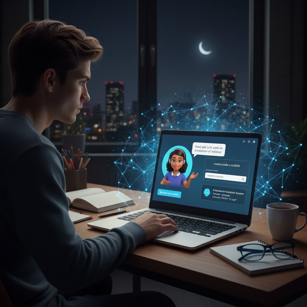 Wirtualny korepetytor wspierający naukę angielskiego, uczący się z młodym dorosłym przez laptop