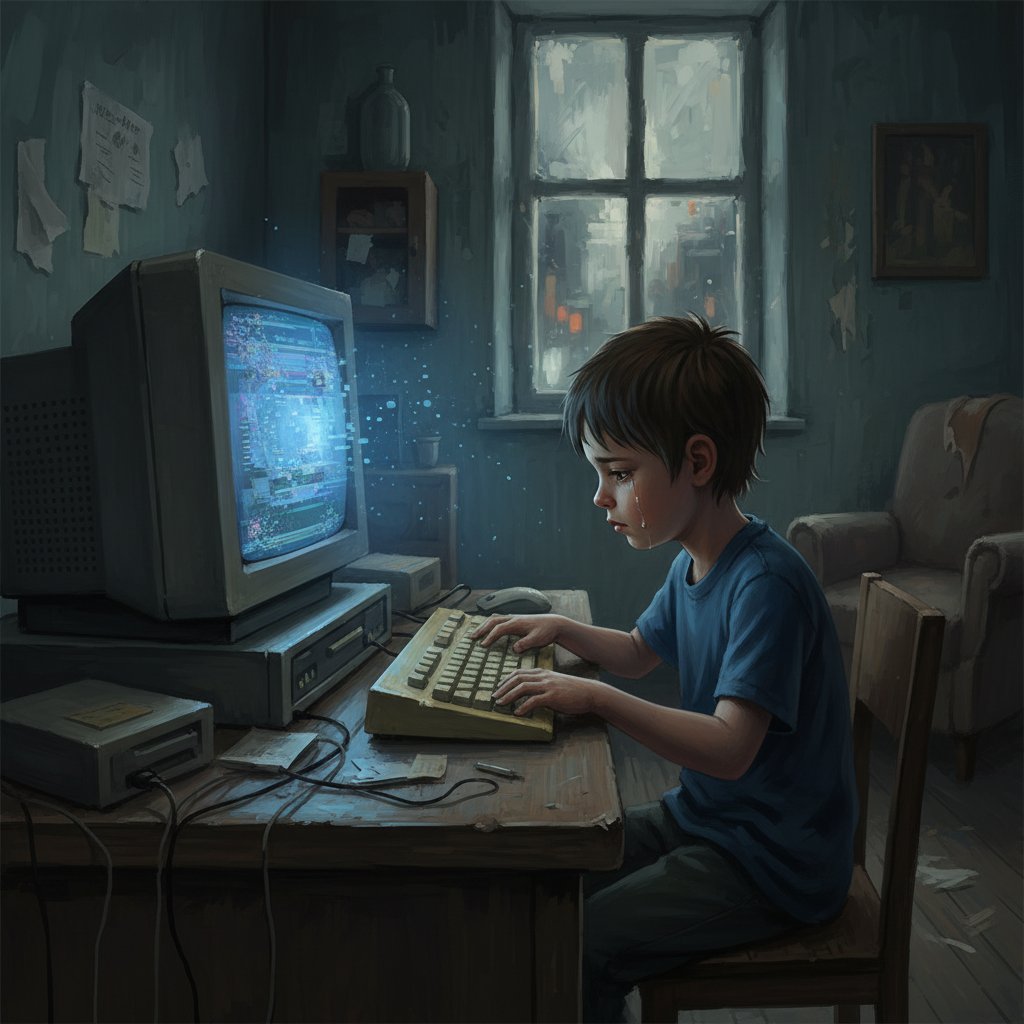 Dziecko bez dostępu do internetu, przestarzały sprzęt, wykluczenie cyfrowe, smutna atmosfera