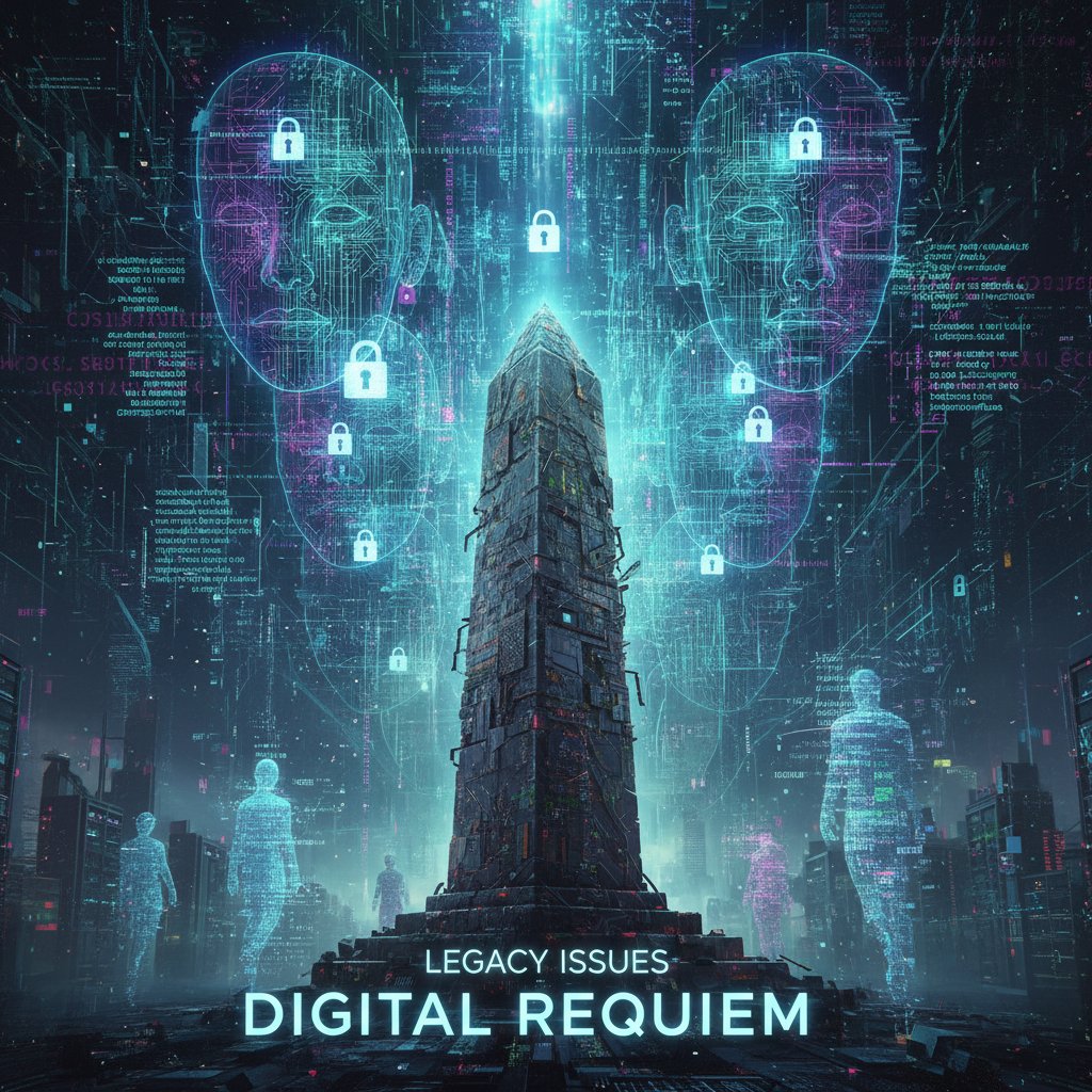 Digital faces dissolve into code, representing privacy and legacy concerns in digital memorial conversations loneliness management