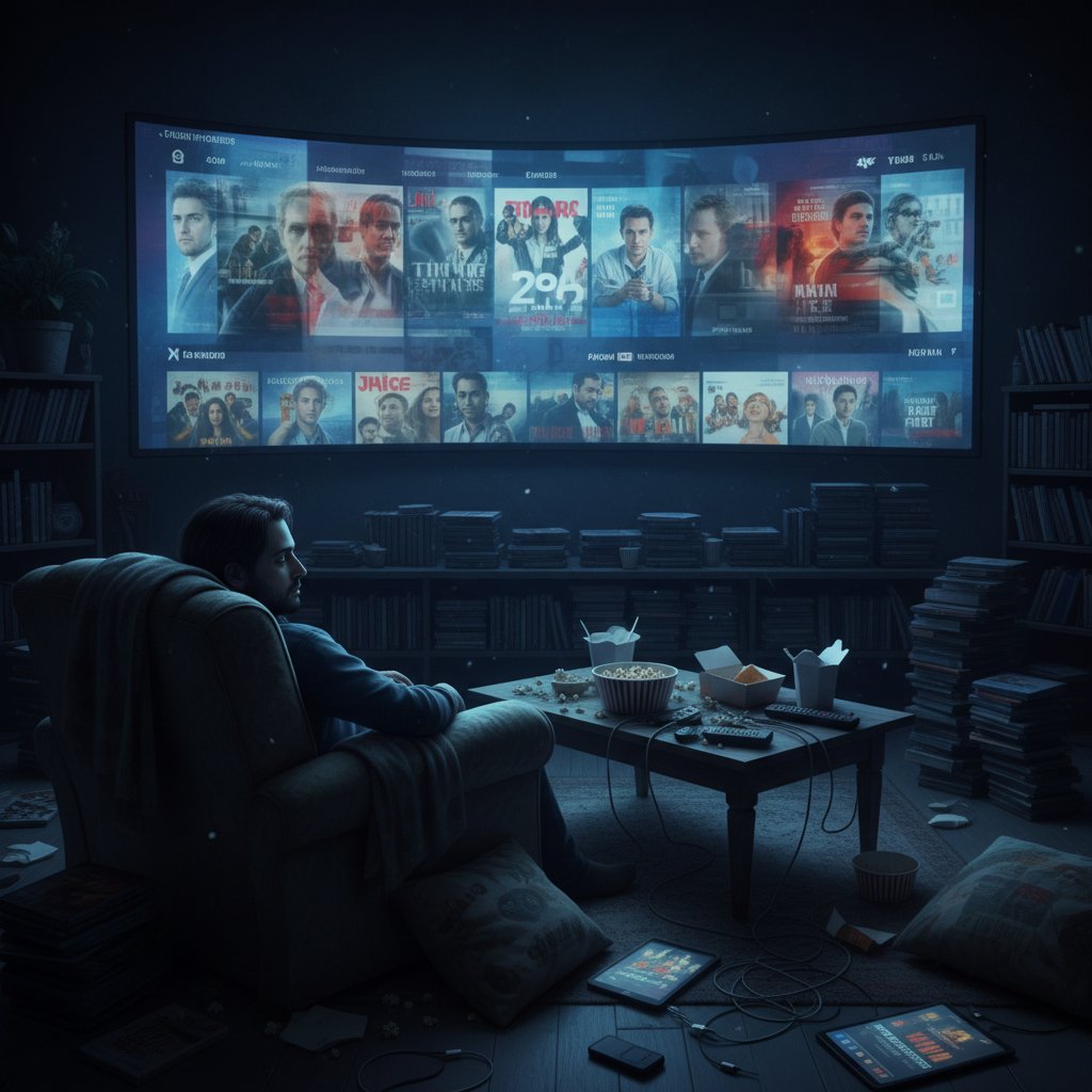 Digital fatigue and movie overload, lone viewer surrounded by screens