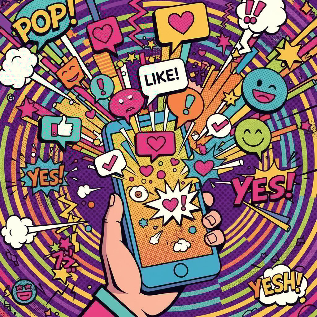 Nutzermeinungen zu digitaler Psychoedukation, Collage aus digitalen Feedback-Icons und Smartphone