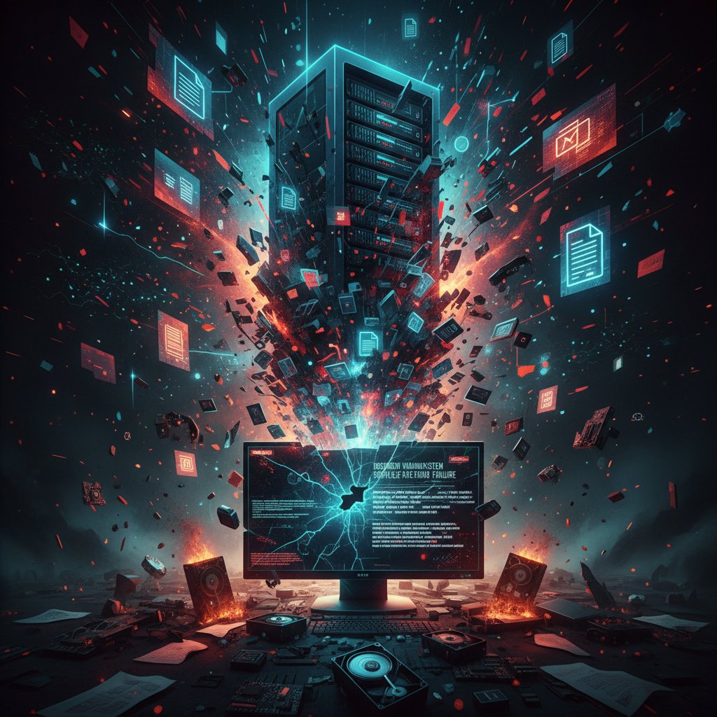 Dramatic photo: digital files on screen crashing, symbolizing document management disaster