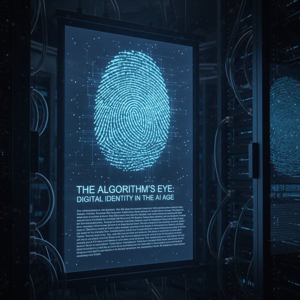 Stylized digital fingerprint overlaying an AI-generated article, symbolizing the evolving challenge of detection