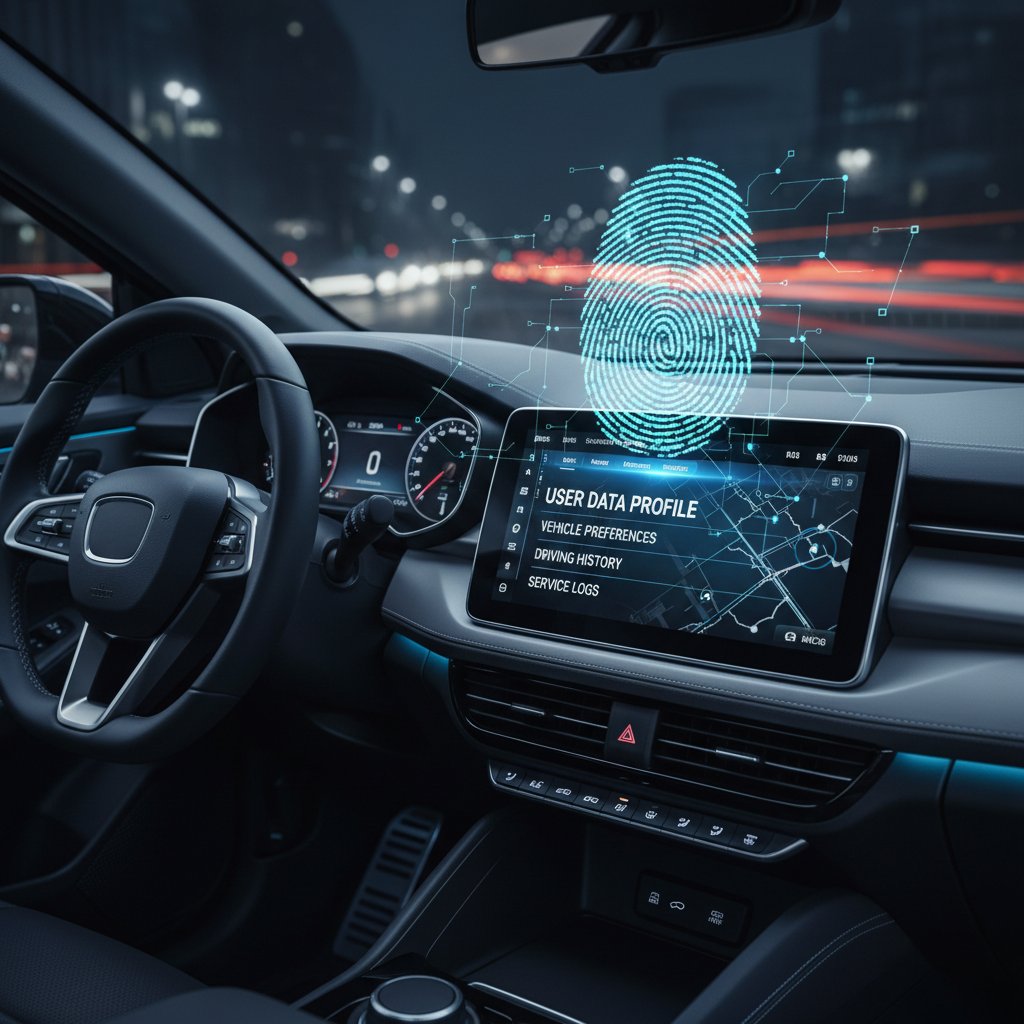 Digital fingerprint overlayed on car dashboard, symbolizing user data and automotive websites