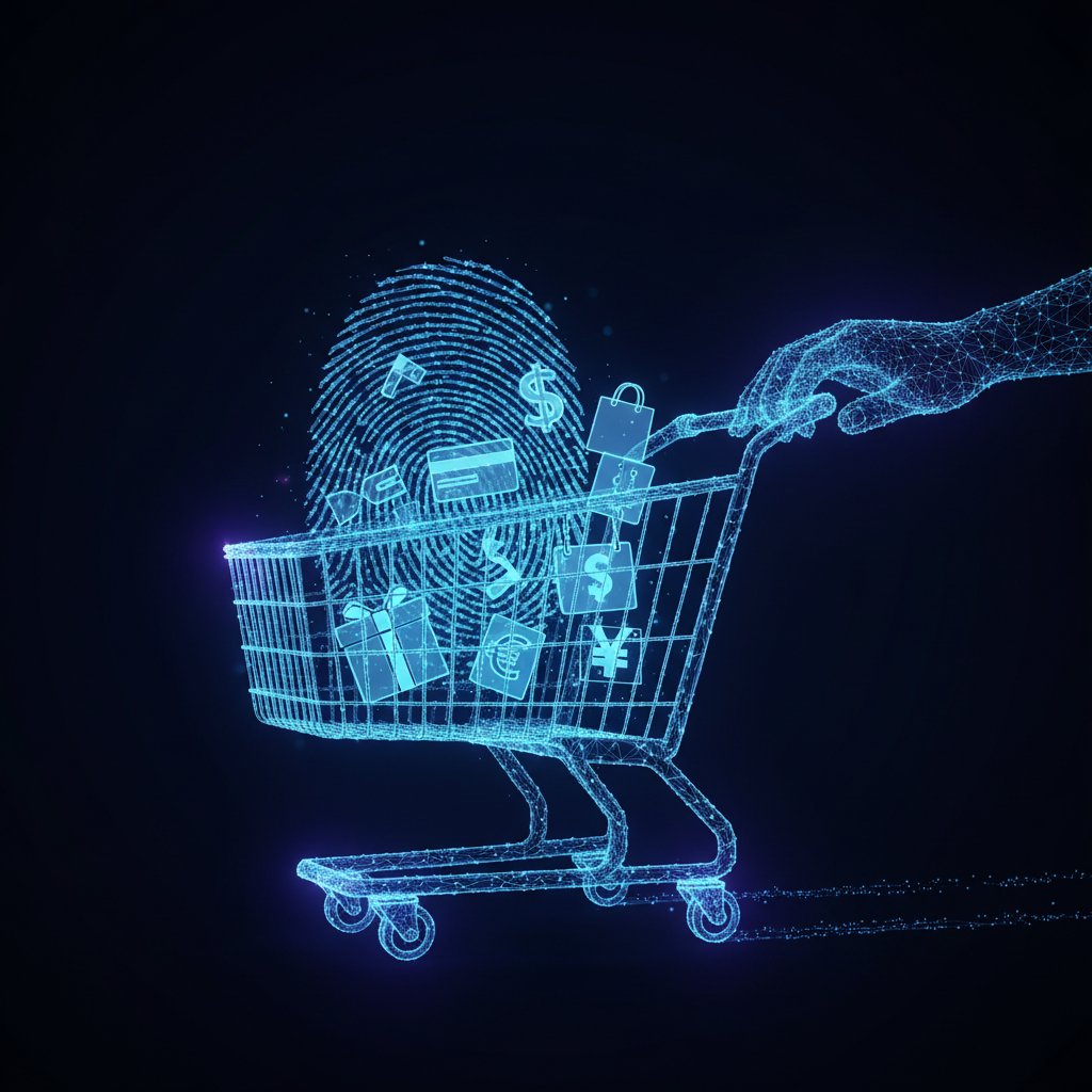 Cyfrowy odcisk palca i koszyk zakupowy – symbol prywatności danych w e-commerce