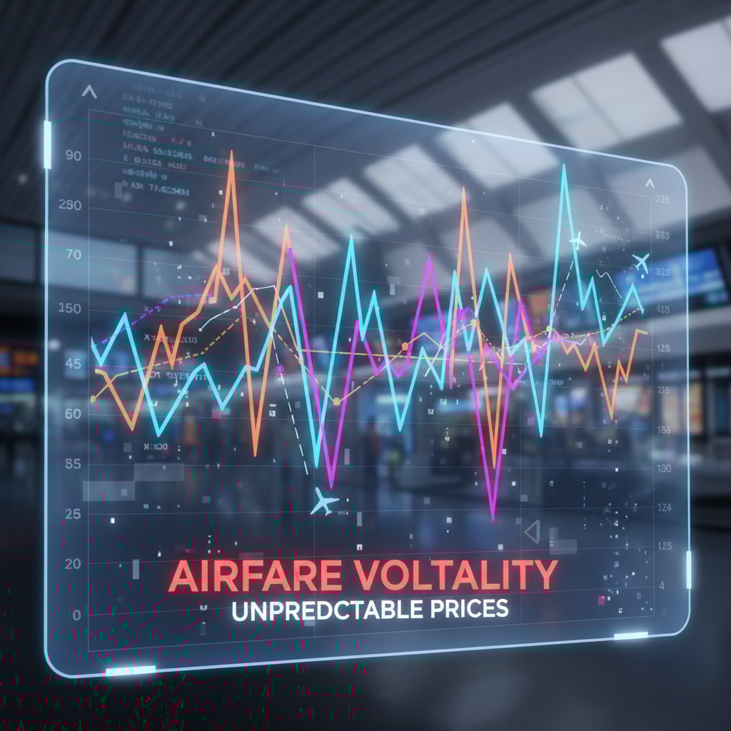A spiky digital chart showing unpredictable airfare changes in 2025, representing volatility and rapid price swings in airfare search trends