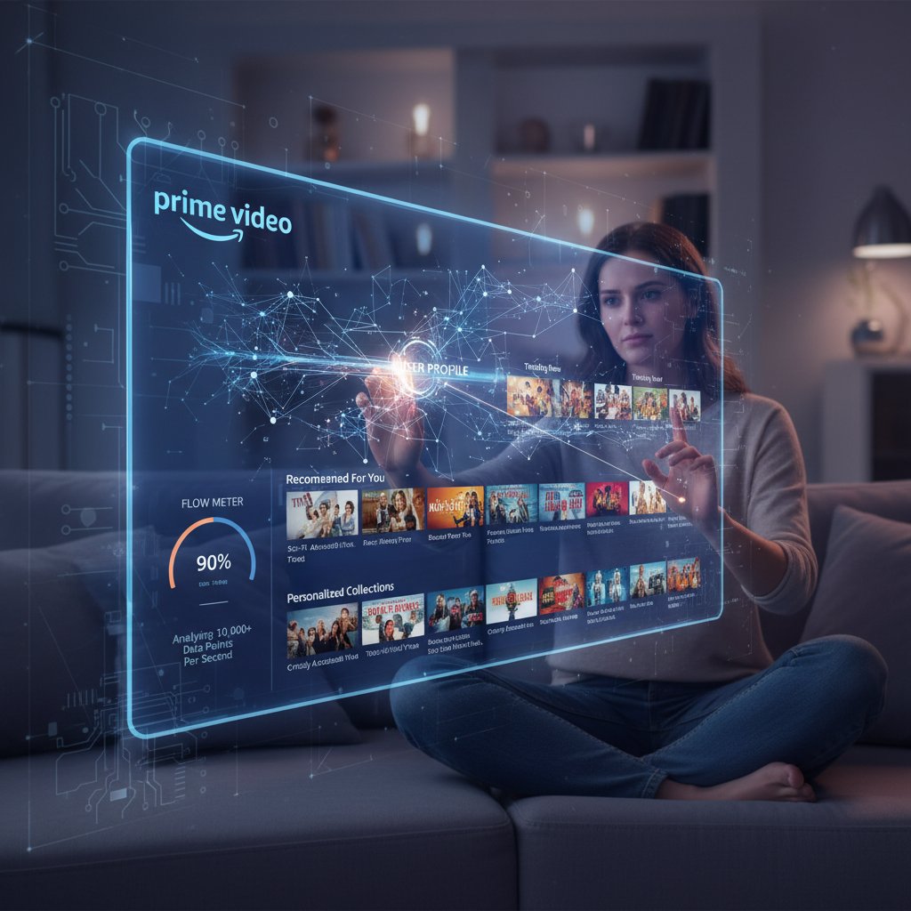 Photo illustrating digital flow of recommendation process, person browsing streaming options, prime video