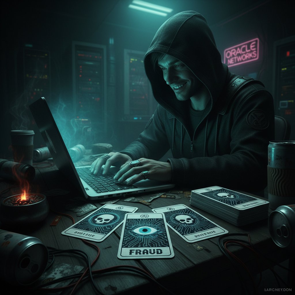 Symbolbild: Digitaler Betrüger mit Tarotkarten und Laptop im düsteren Zimmer