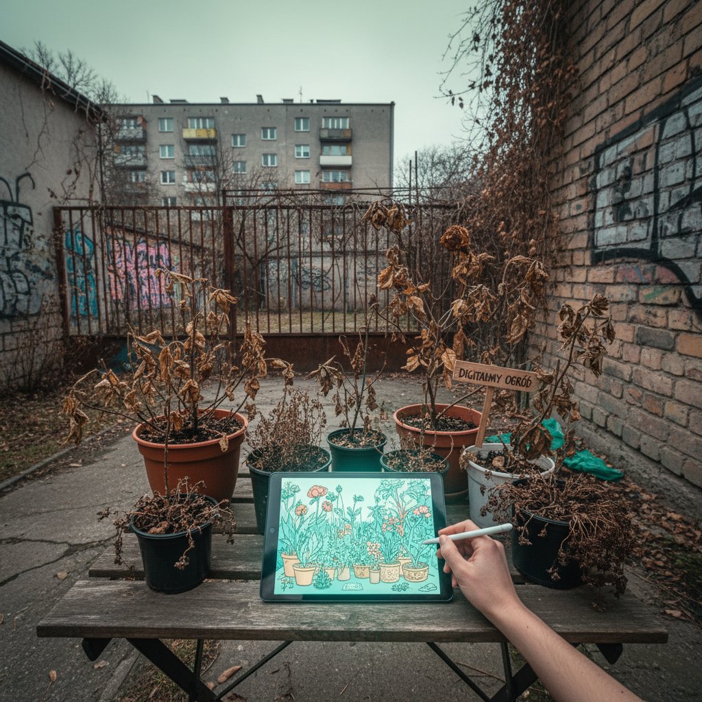 Nowoczesny ogród zaprojektowany cyfrowo, ale z widocznymi błędami i uschniętymi roślinami, aplikacja otwarta na tablecie