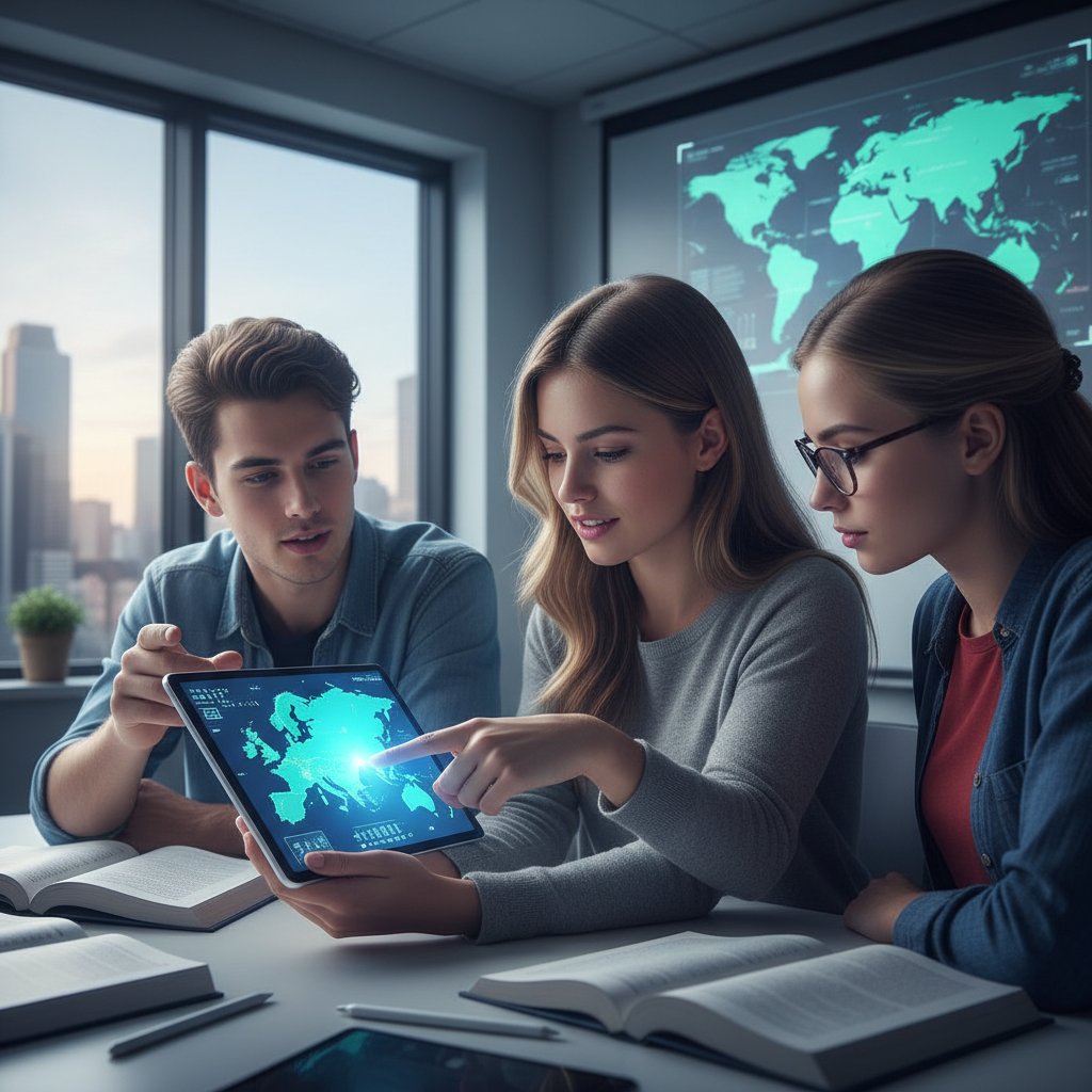 Nowoczesna lekcja geografii Europy z użyciem tabletu i map cyfrowych, uczniowie analizują dane na ekranach