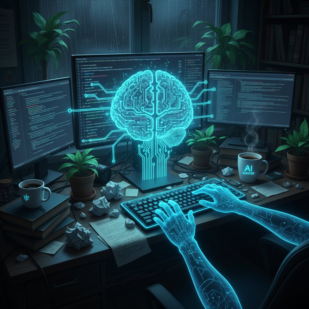 Osoba przy biurku, intensywnie pracująca przy laptopie z motywem sztucznej inteligencji w tle, filiżanka kawy, notatki i kod na ekranie – automatyzacja contentu blogowego w nowoczesnym stylu