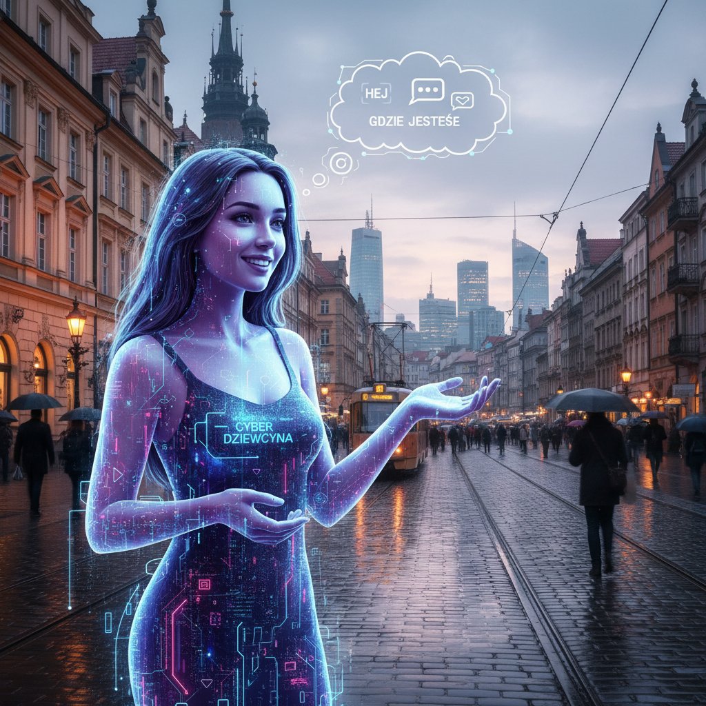 Wirtualna partnerka rozmawiająca z użytkownikiem w polskim mieście, partnerka online w tle miejskiego pejzażu