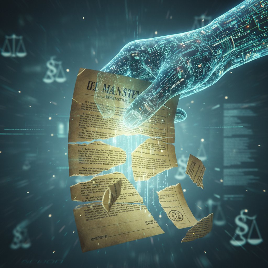 Cyfrowa dłoń rozdzierająca dokument prawny, symbolizująca ryzyka prawne w tekstach AI