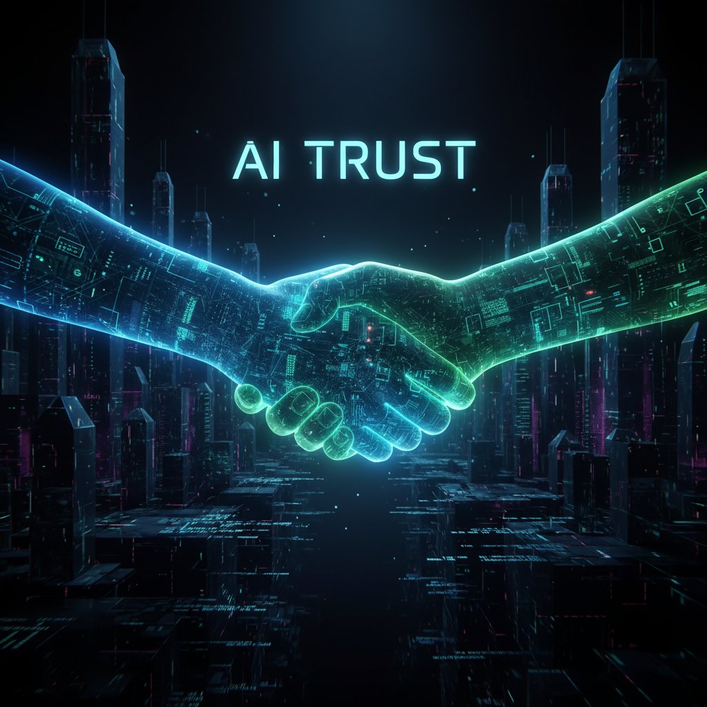Graficzne ujęcie cyfrowego uścisku dłoni jako symbolu zaufania AI