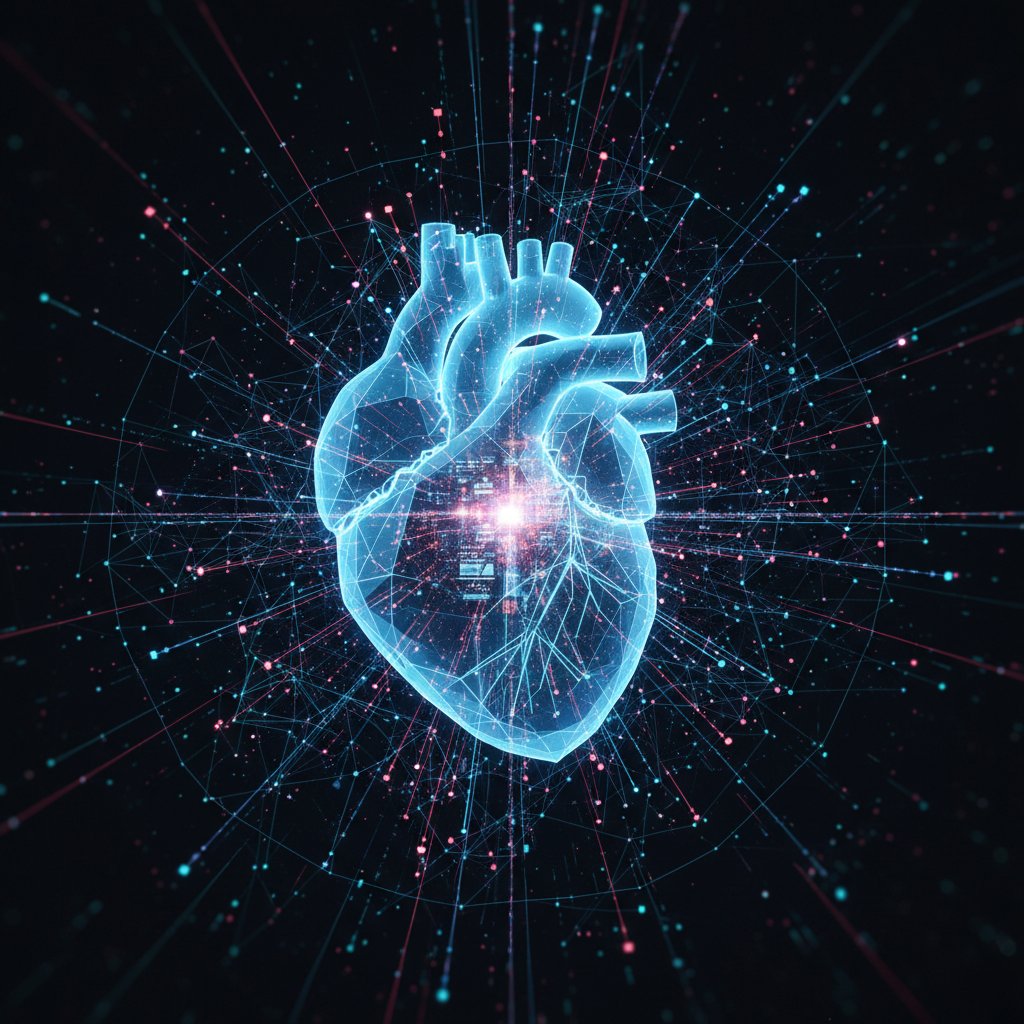 Sztuczna inteligencja w analizie wyników holtera EKG – zdjęcie cyfrowego serca z siecią neuronową w tle
