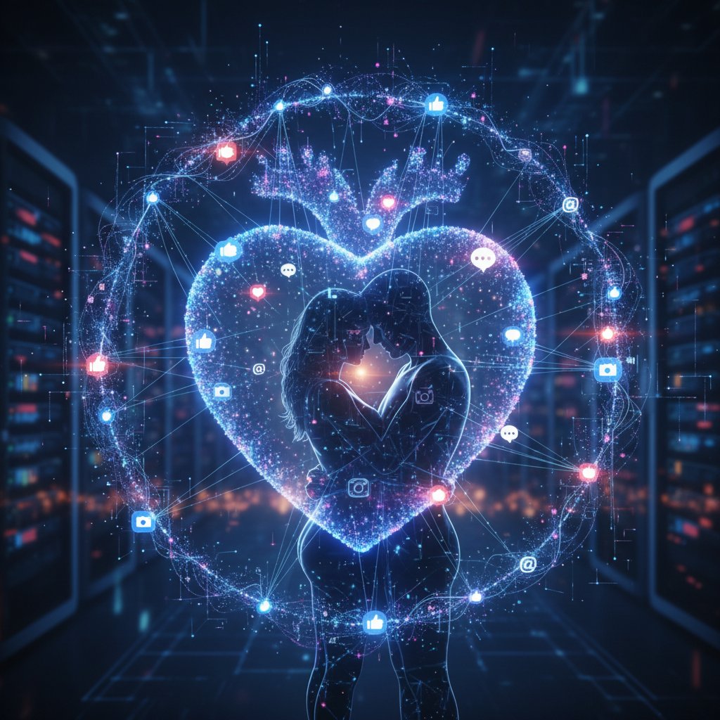 Abstract depiction of a digital heart fractured by notification icons, symbolizing the impact of technology on emotional intimacy in relationships