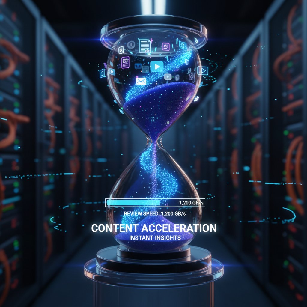 Digital hourglass transforming into a fast-moving data stream, symbolizing speed and efficiency in content review