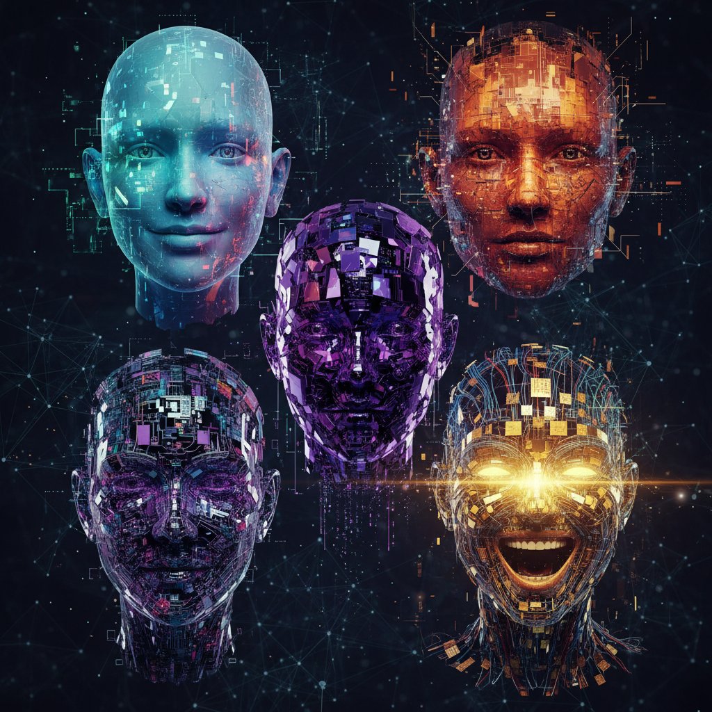 Symboliczne połączenie człowieka i AI w rozmowie o emocjach; artystyczne połączenie twarzy ludzkiej i cyfrowej
