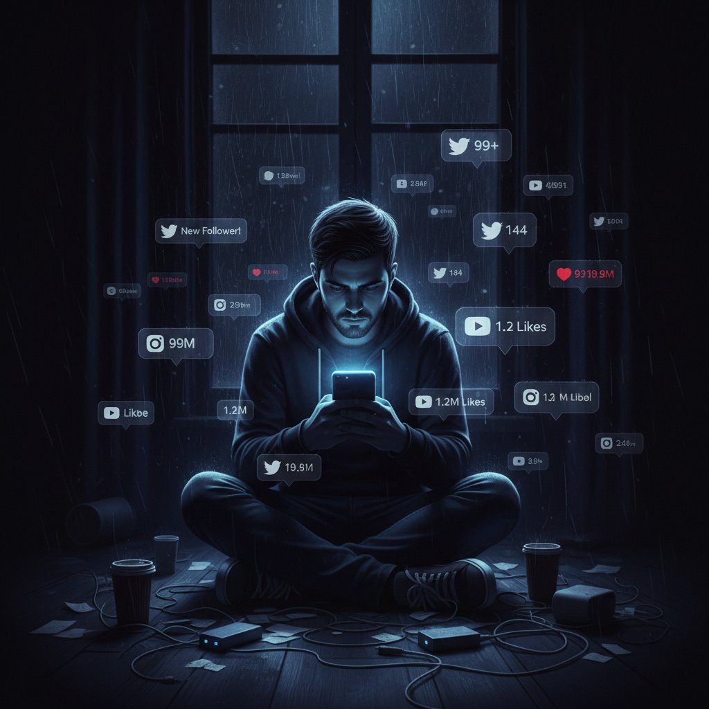 Cyfrowy influencer samotny w ciemnym pokoju, wokół powiadomienia, ponury klimat