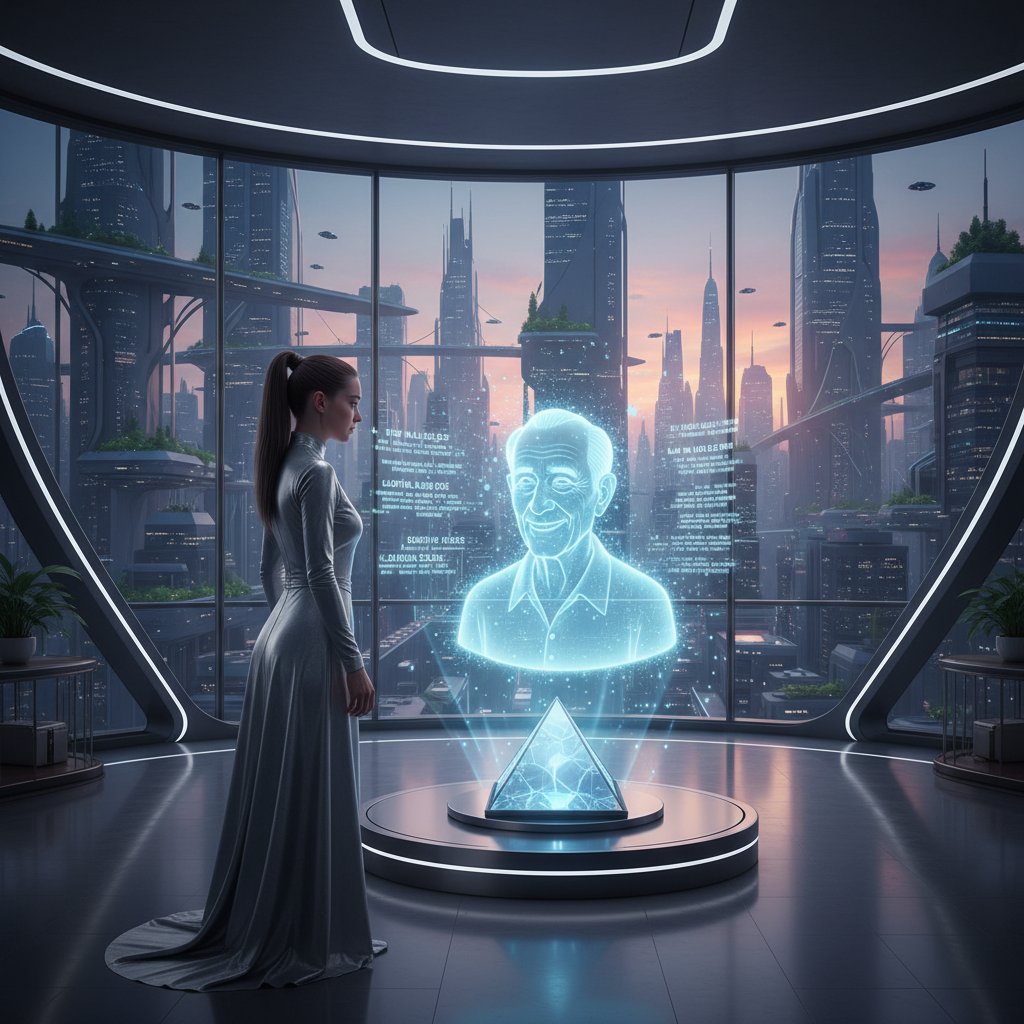 Stylized representation of digital inheritance in modern movies, with futuristic holograms and virtual documents