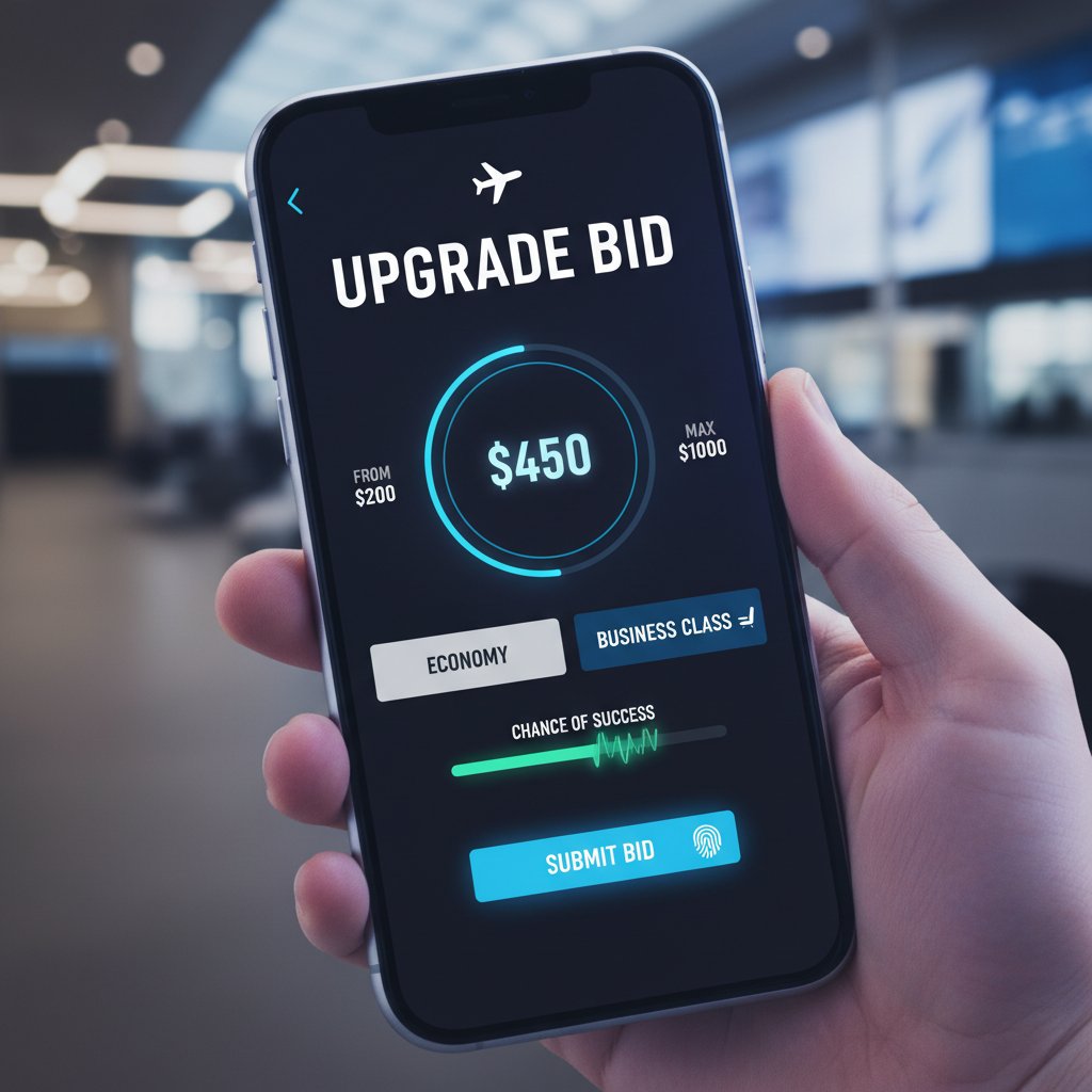 Digital interface on mobile phone displaying live airline upgrade bidding screen, reflecting modern process