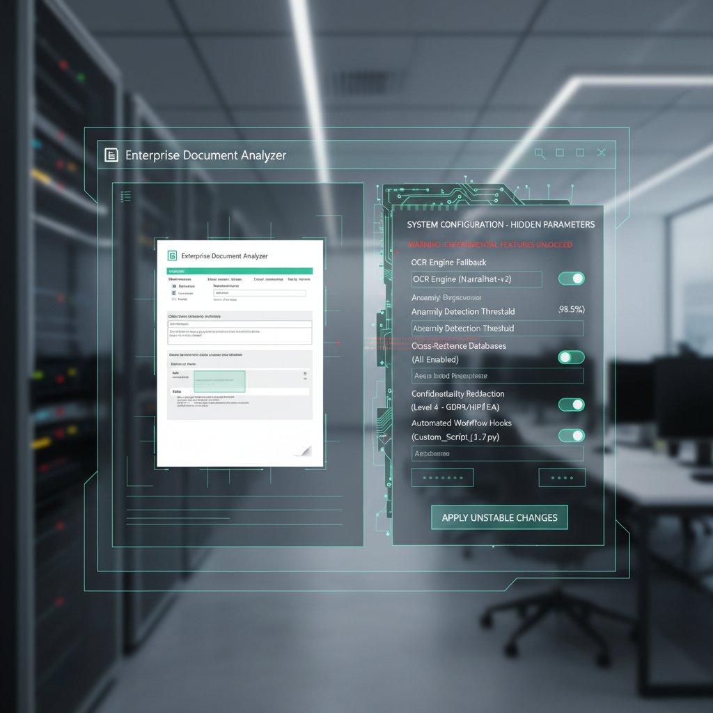 Close-up photo of document scanning software interface showing advanced hidden settings for enterprise document analysis