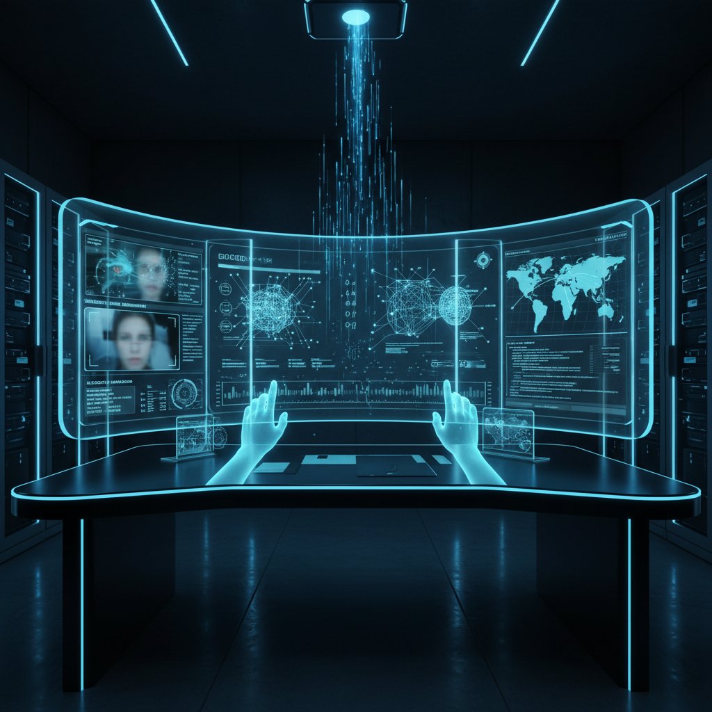Digital investigation dashboard glowing in dark room, futuristic sleek mood, investigation movie