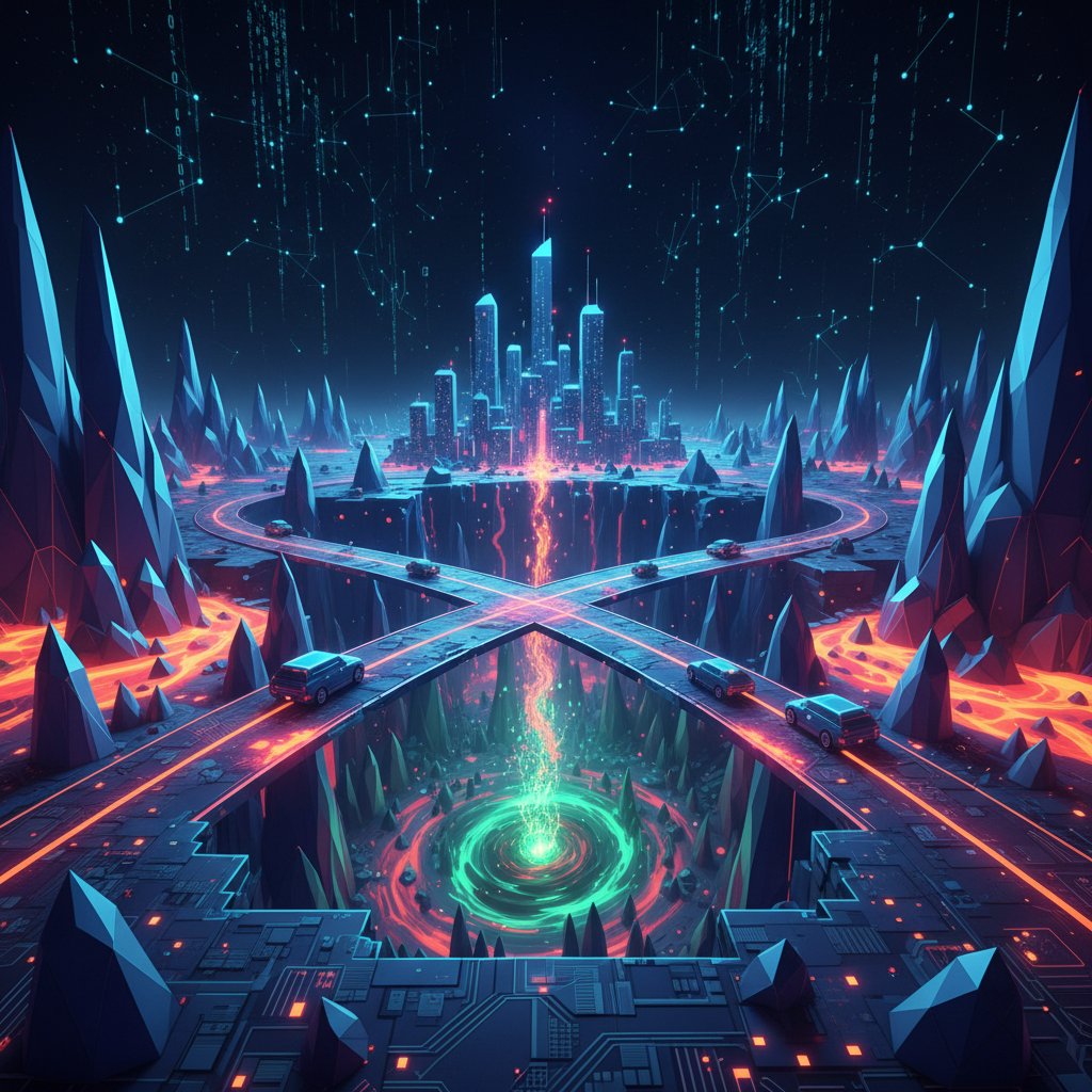 Symboliczna droga rozgałęziająca się w cyfrowym krajobrazie, symbol wyboru ścieżki w erze syntezy AI, dynamiczne światło, technologia