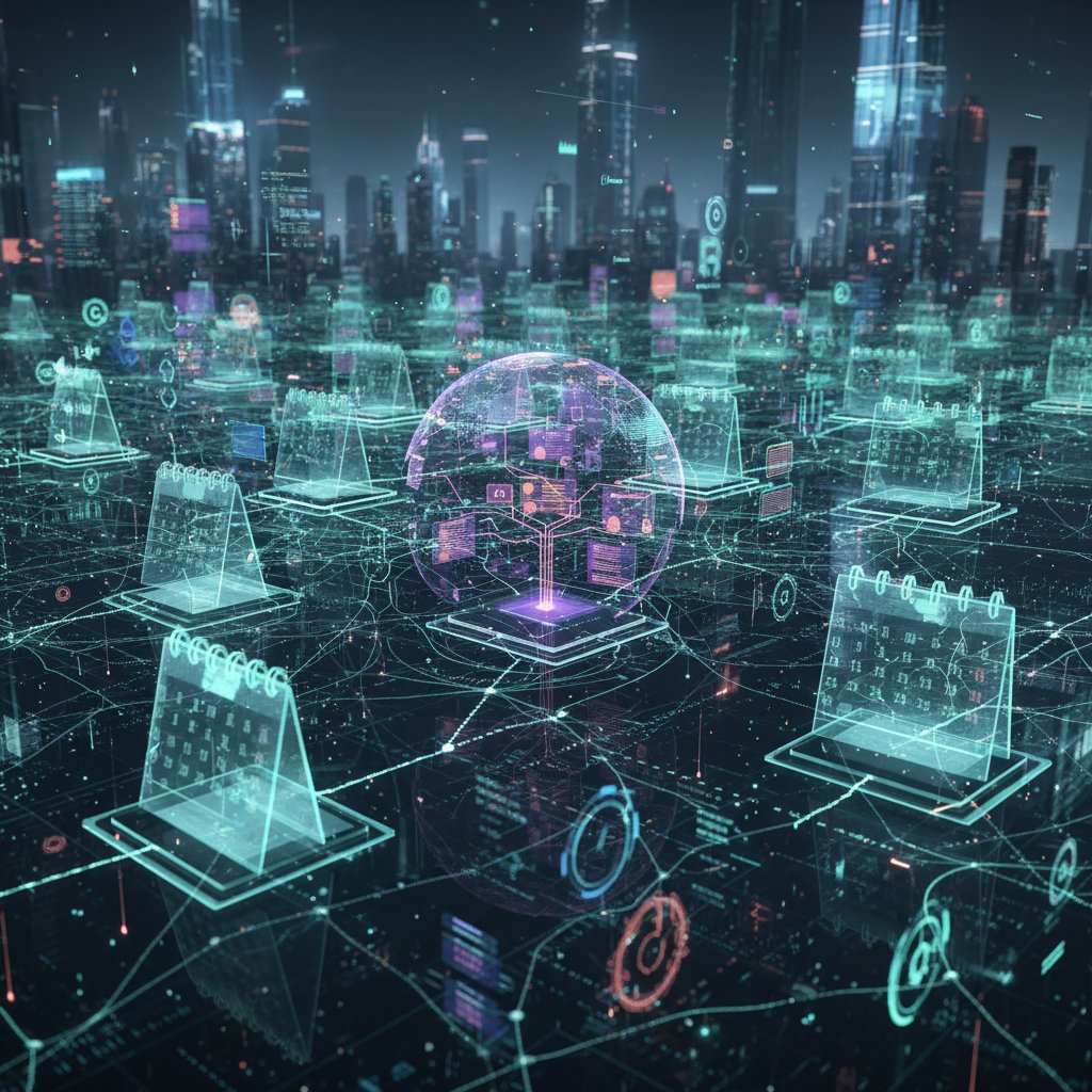 A digital landscape of interconnected calendars and devices, AI flows between them like glowing threads, visionary and slightly ominous