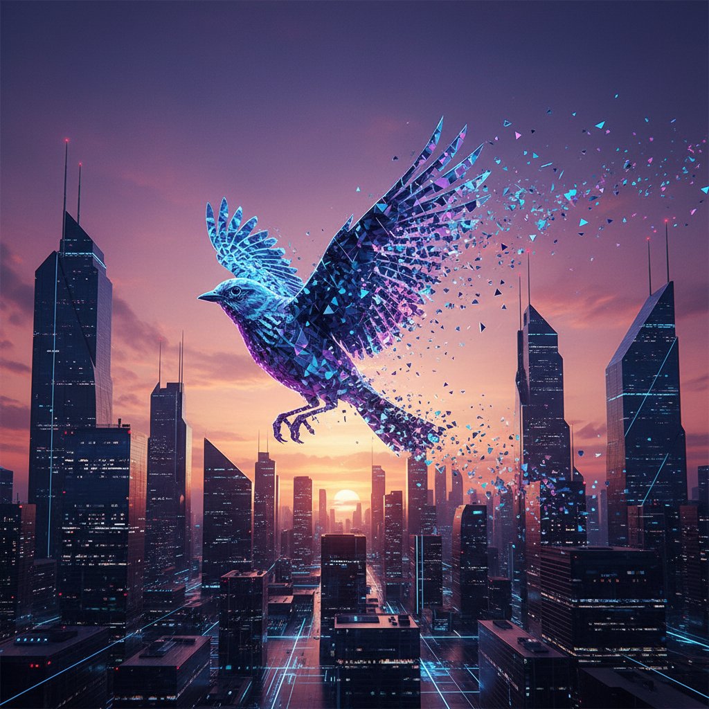 Cyfrowy skowronek nad miastem, symbol przyszłości