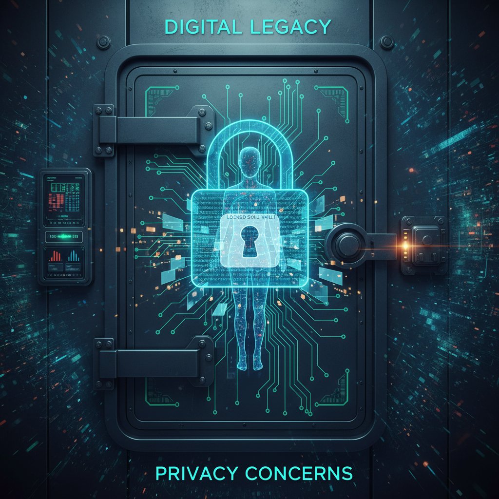 Digital legacy and privacy concerns visualized as a locked vault containing digital soul