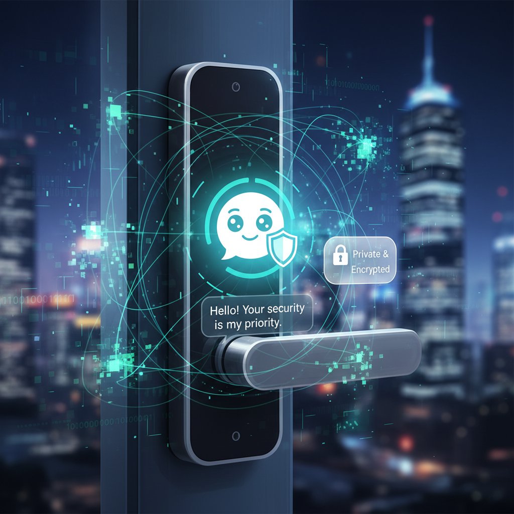 Editorial photo of digital lock overlaying chatbots, symbolizing security and privacy, moody lighting
