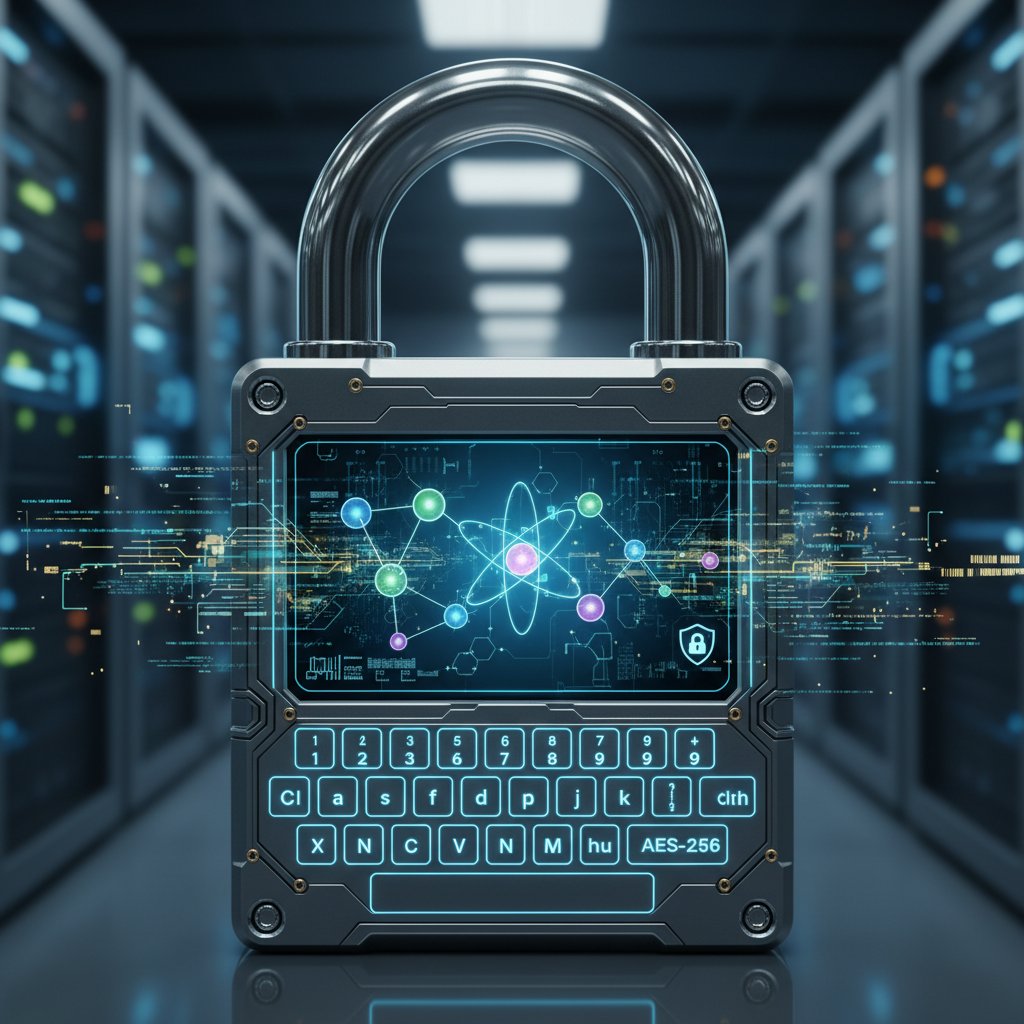 Zamek cyfrowy na tle diagramu chemicznego, symbolizujący bezpieczeństwo danych.
