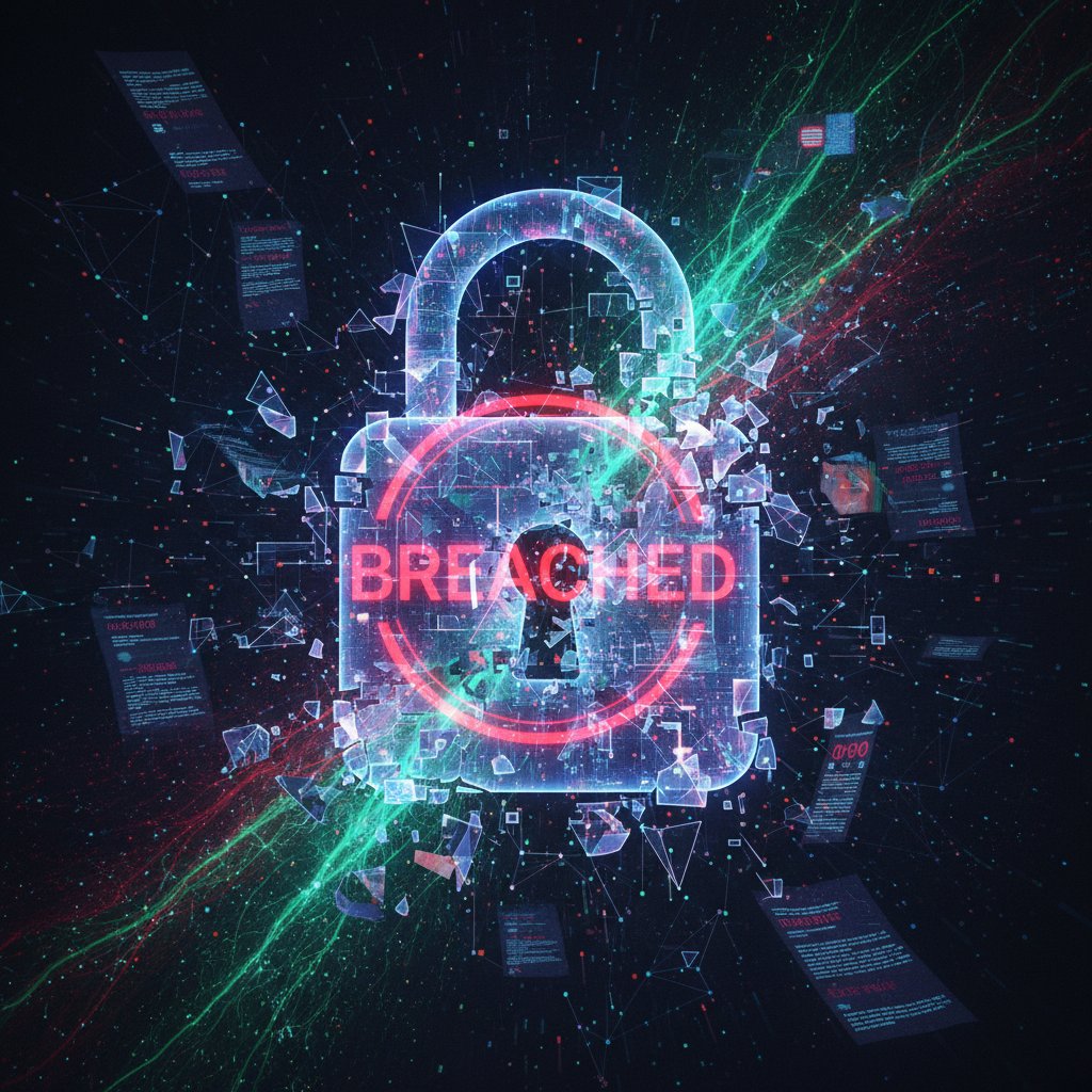 Digital lock breaking, fragments of contracts leaking out, symbolizing privacy risks in automated contract review