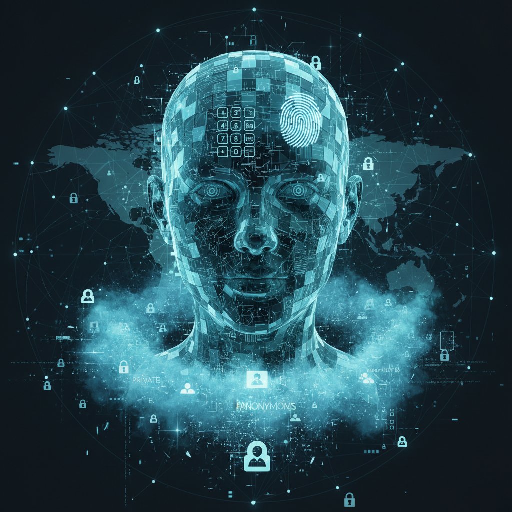 Cyfrowa kłódka i rozmyta twarz jako metafora prywatności, rozmowa online