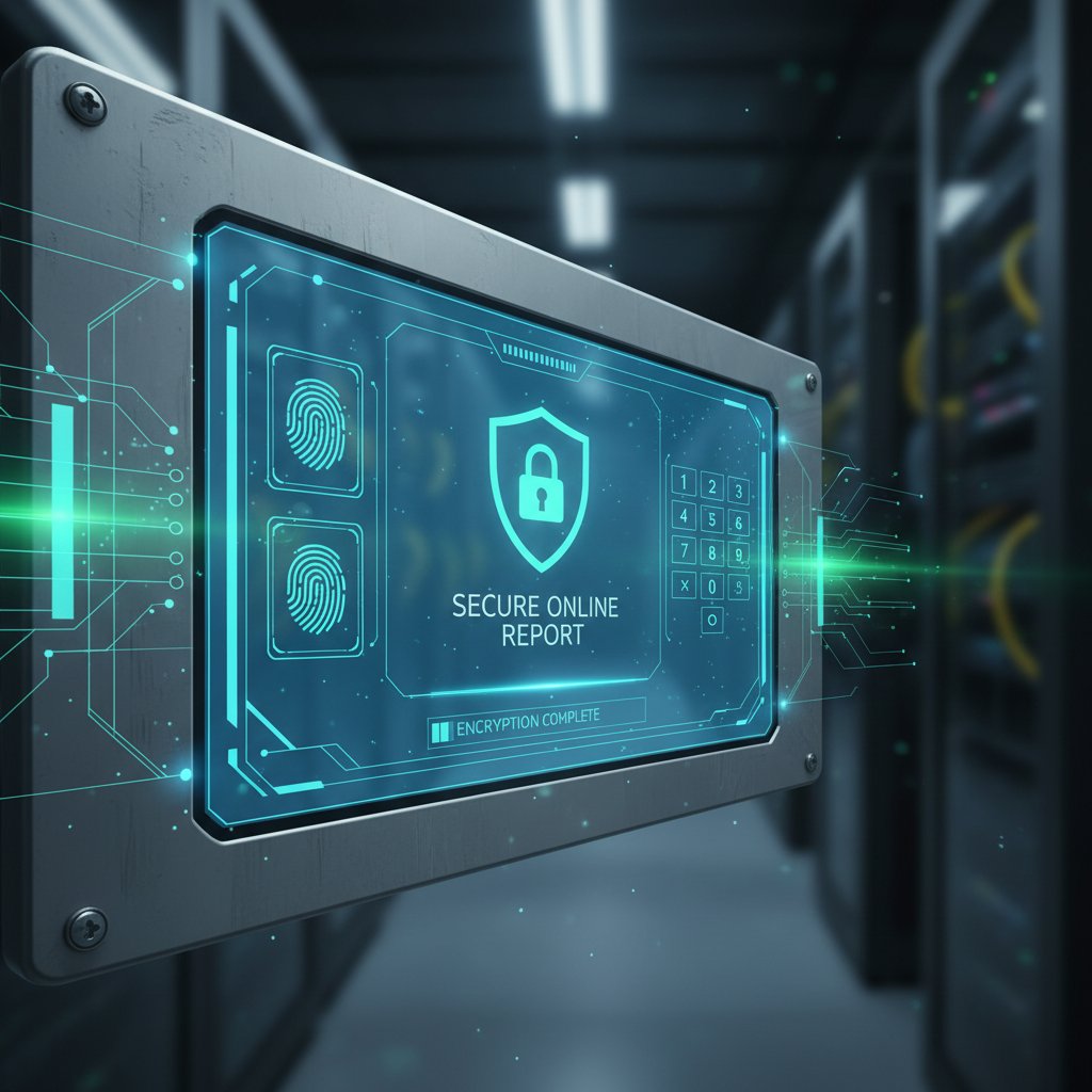 Zabezpieczony raport online na ekranie komputera z cyfrową kłódką, nocne biuro, atmosfera bezpieczeństwa