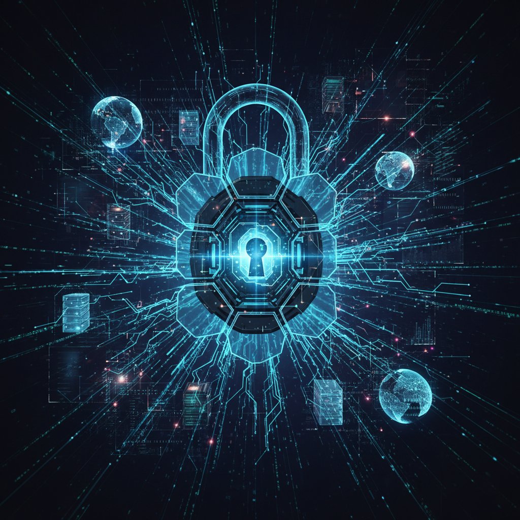 Symboliczne zabezpieczenia danych w chatbotach, zamek cyfrowy na tle strumieni danych