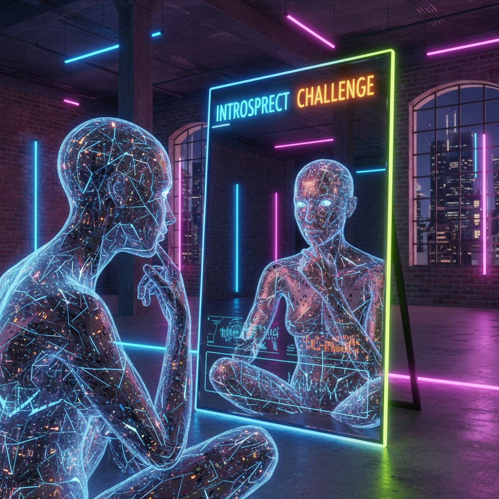 Młoda osoba patrzy w cyfrowe lustro, w którym odbija się avatar AI – scena w nowoczesnym urbanistycznym lofcie, neonowe akcenty, atmosfera głębokiej refleksji nad relacjami i symulacją kompetencji społecznych