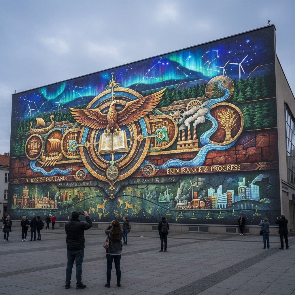 Cyfrowy mural z symbolami historii regionalnej — konflikt narracji lokalnej i oficjalnej