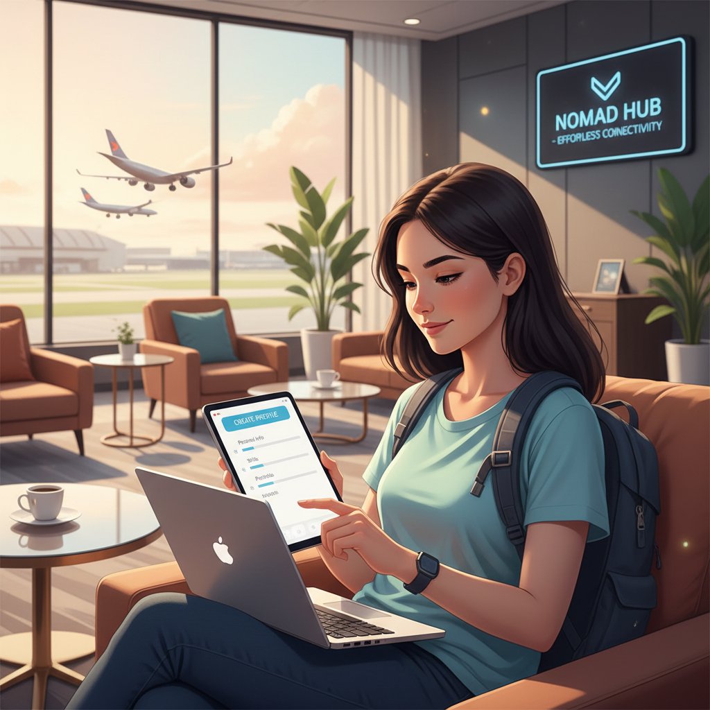 Digital nomad creates a travel profile on a laptop in an airport lounge, highlighting easy profile creation for travel
