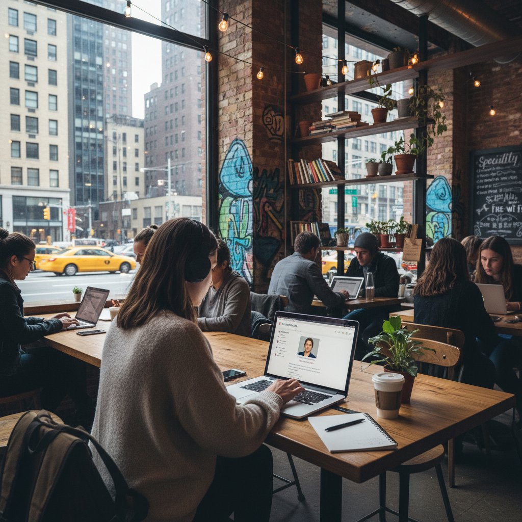 Cyfrowy nomad uczący się angielskiego w zatłoczonej kawiarni, laptop, urbanistyczny klimat