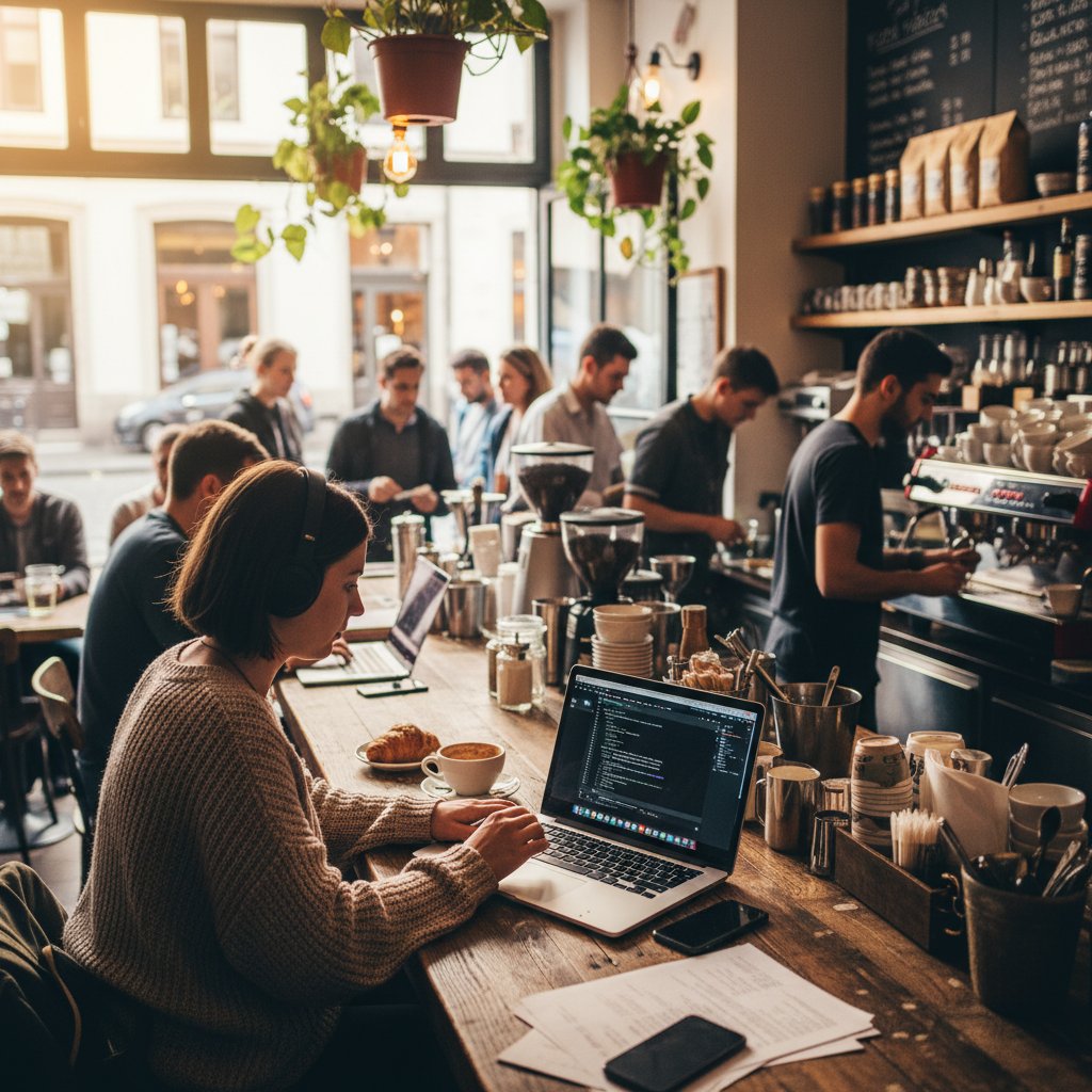 Candid photo of digital nomad with MacBook in busy café, searching for flights