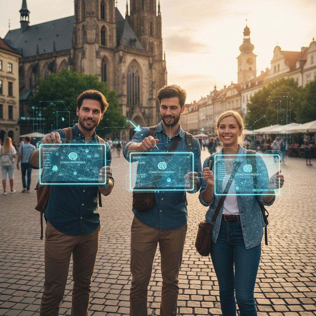 Grupa digital nomadów korzystająca z aplikacji AI podczas zwiedzania miasta