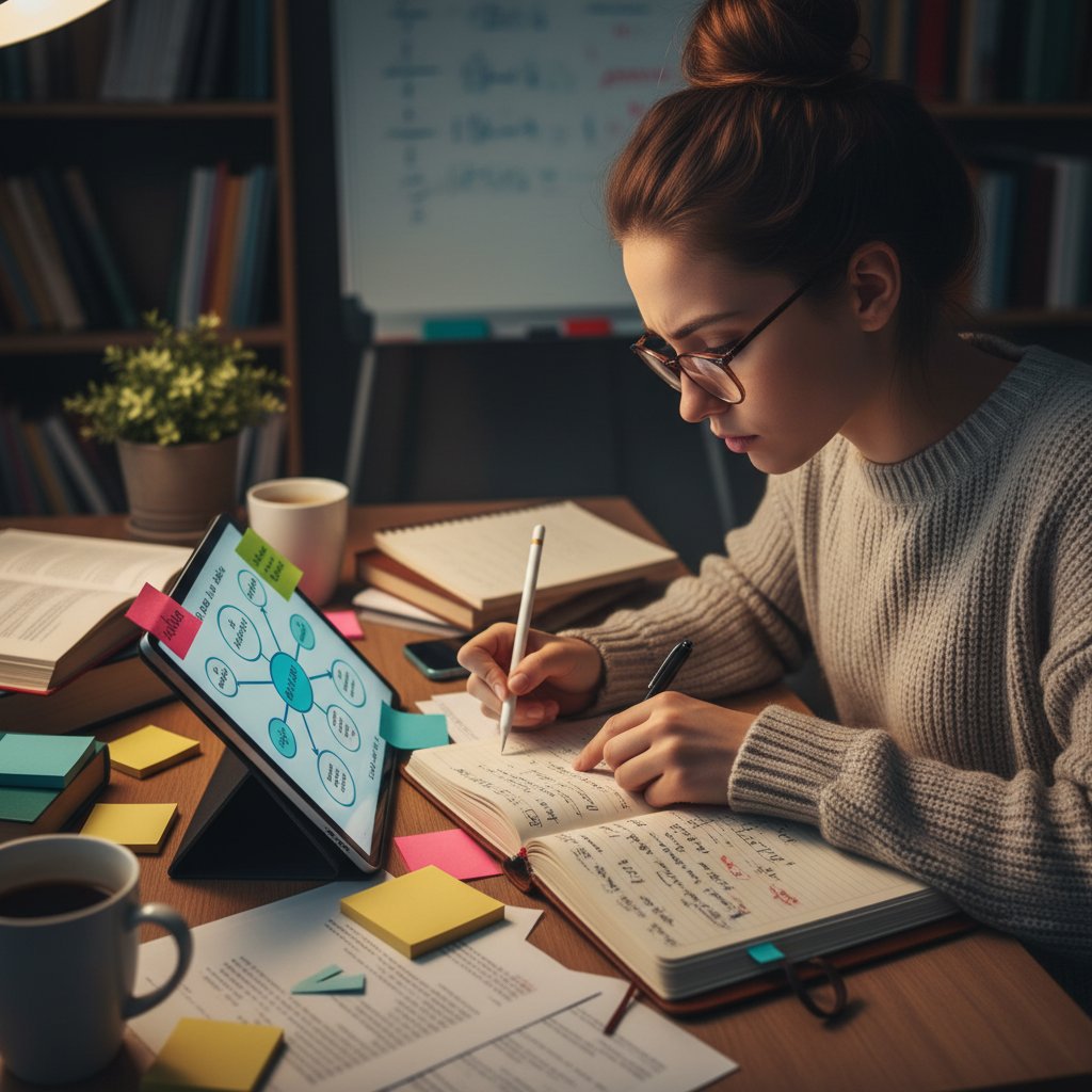 PhD student using both digital and analog note-taking tools for a clear research workflow