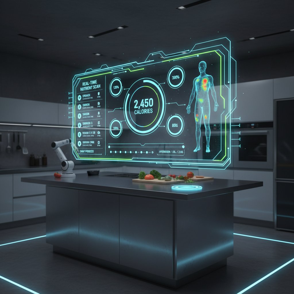 Cyfrowy dashboard żywieniowy wyświetla dane w smart kuchni – przyszłość monitorowania nadwyżki kalorycznej