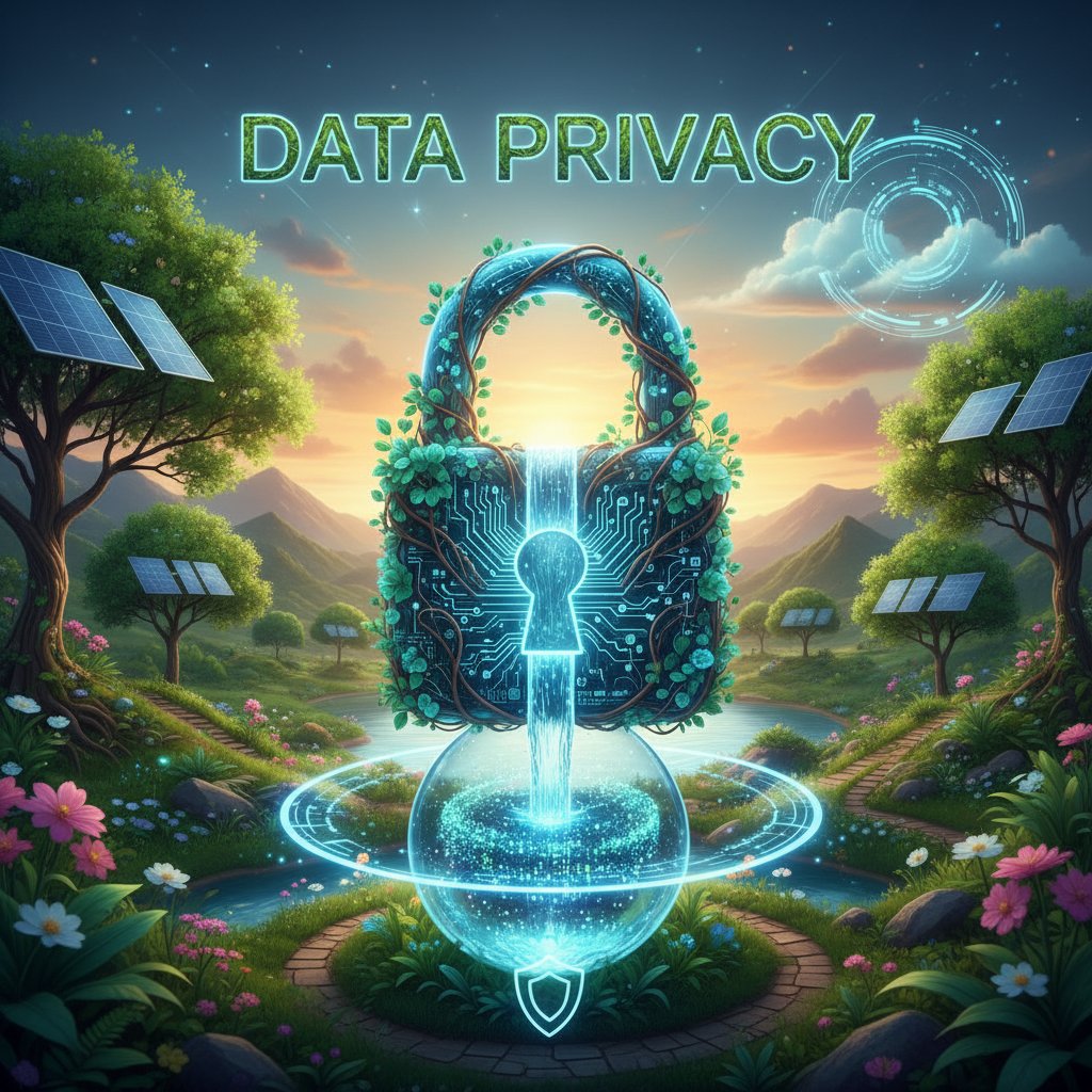 Ochrona danych środowiskowych w sieci, cyfrowe kłódki nad krajobrazem ekologicznym, filmowy klimat