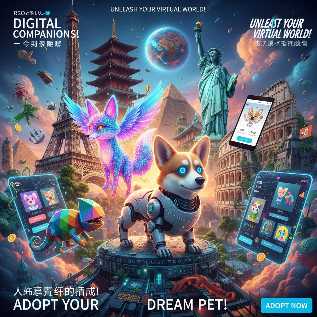 Kolaż reklam cyfrowych zwierząt domowych z różnych krajów, ukazujący globalny trend alternatyw dla zwierząt