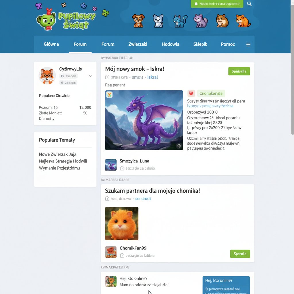 Społeczności i fora miłośników wirtualnych psów – kolaż ekranów komputerów i smartfonów z forami i aplikacjami