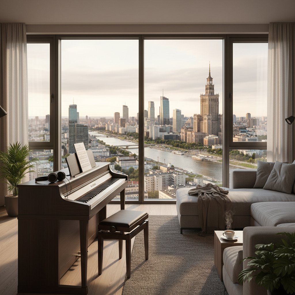 Fortepian cyfrowy w oknie warszawskiego mieszkania z panoramą miasta – symbol nowej fali cyfrowych muzyków